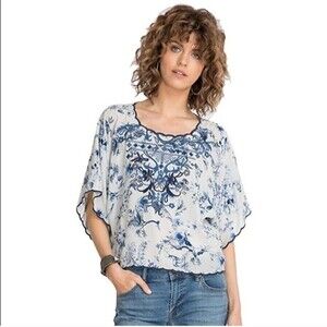 Johnny Was Addy Top Blue Toile Silk Embroidered Boho Blouse No Size Tag READ!